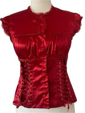Moda International Red Satin Lace-Up Corset Blouse